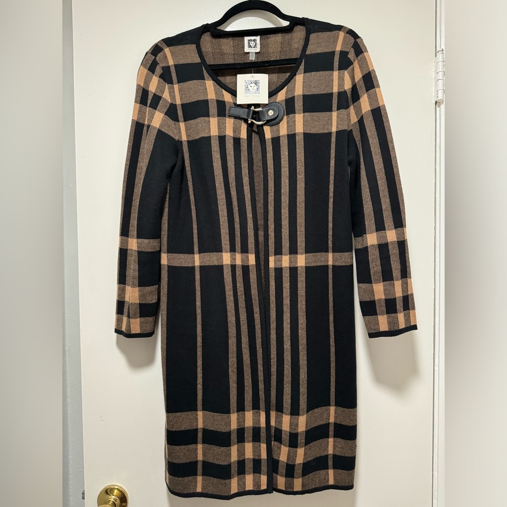 Anne Klein Black & Tan (Camel) plaid long cardigan